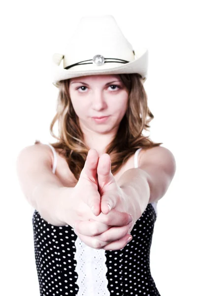 Girl in stetson with gun shooted — Stock Photo, Image