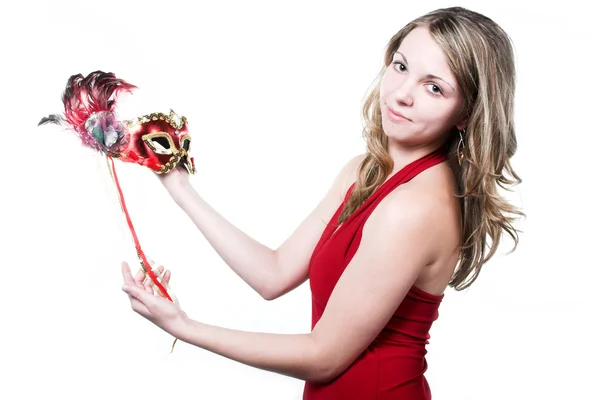 Жінка з червоною маскою на карнавалі — стокове фото