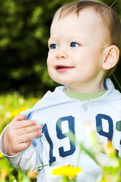 Baby boy play with dandelions — Stock Photo, Image