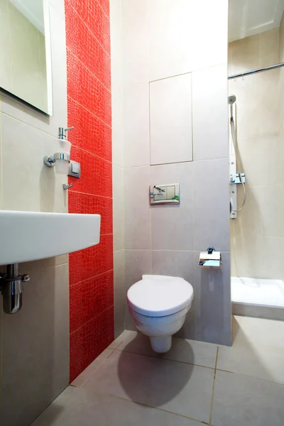 Banheiro com espelho, panela e chuveiro — Fotografia de Stock