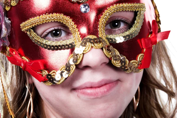 在狂欢节上的红色面具的女人 — 图库照片