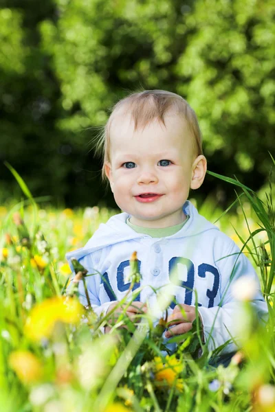 Smiling baby boy play with dandelions — Stock Photo, Image