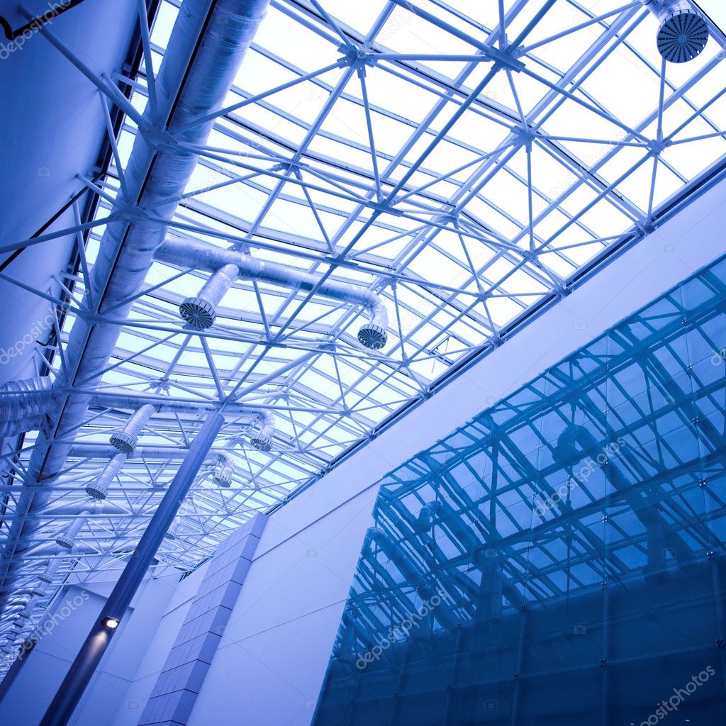 Blue glass ceiling in office