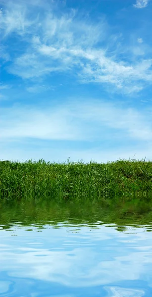 Groen veld en een blauwe hemel met wolken — Stockfoto