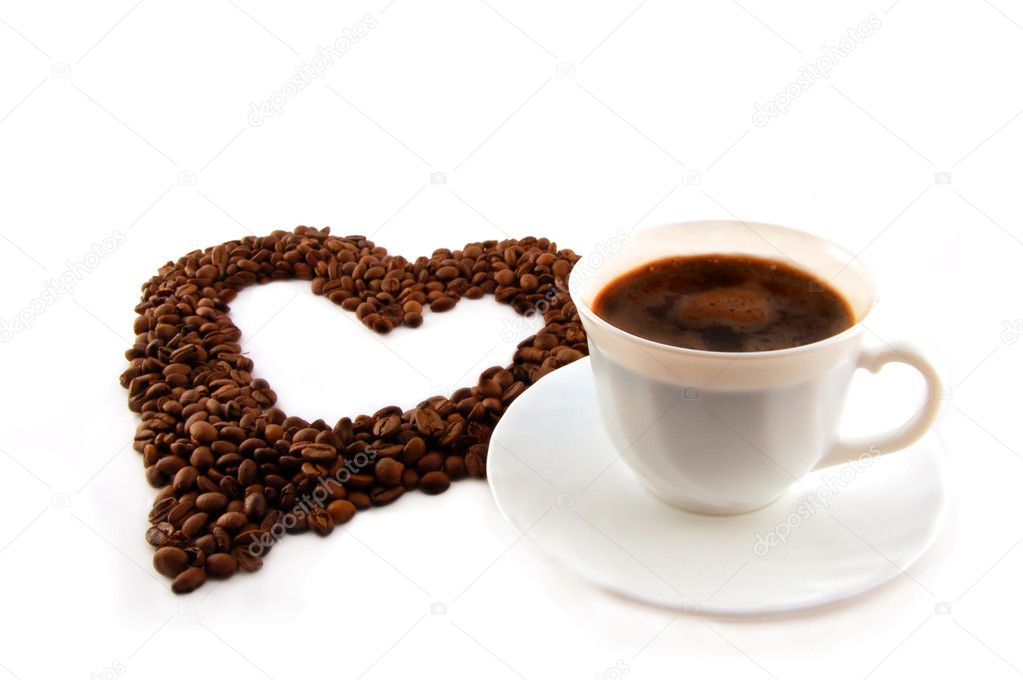 Cup of coffee with heart of coffee beans