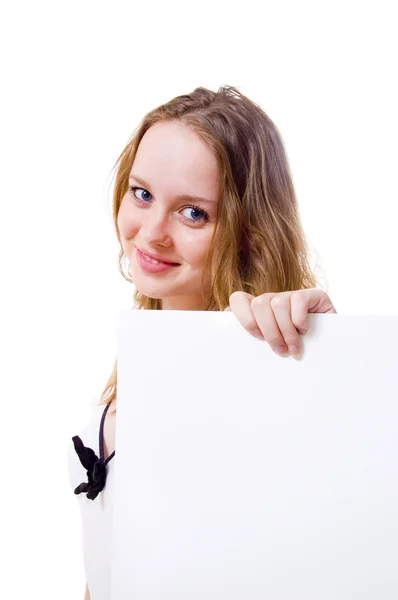 Photo of a girl end white card. — Stock Photo, Image