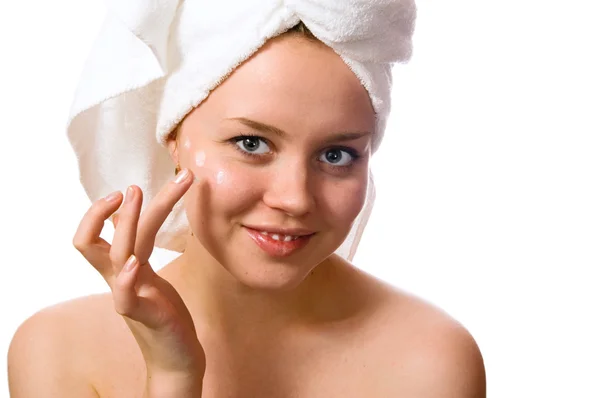 Young girl with towel on her head. — Stock Photo, Image