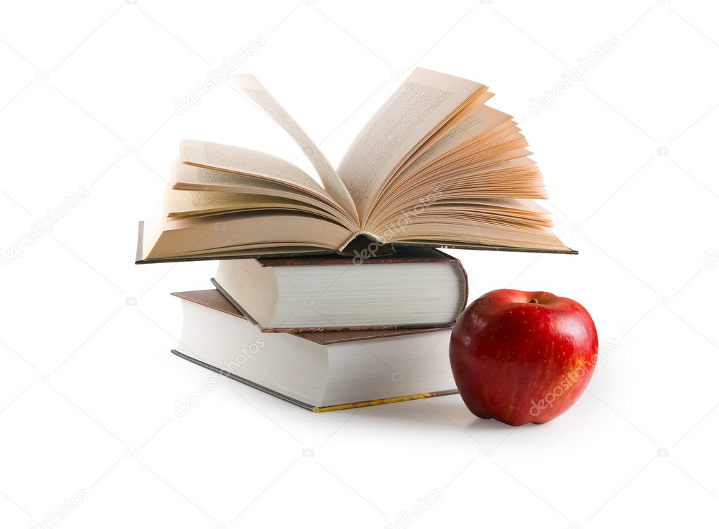 Red apple and books (with clipping path)