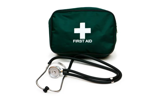 First aid kit and stethoscope isolated — Stock Photo, Image