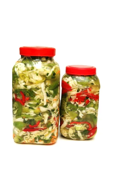 Two jars with pickles isolated on white — Stock Photo, Image