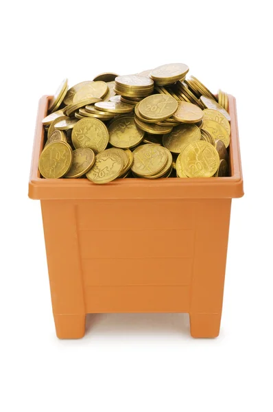 Many coins in the clay pot on white — Stock Photo, Image