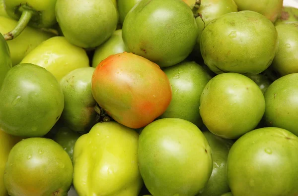 Tomates verdes na banca do mercado — Fotografia de Stock
