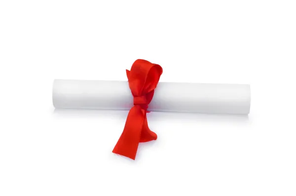 Dyplom z czerwoną wstążką na białym tle — Zdjęcie stockowe
