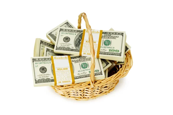 Basket full of dollars isolated on white — Stock Photo, Image