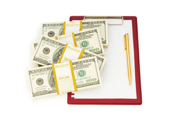 Pilha de dólares e almofada em branco isolada — Fotografia de Stock