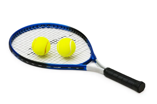 Two tennis balls and racquet — Stock Photo, Image