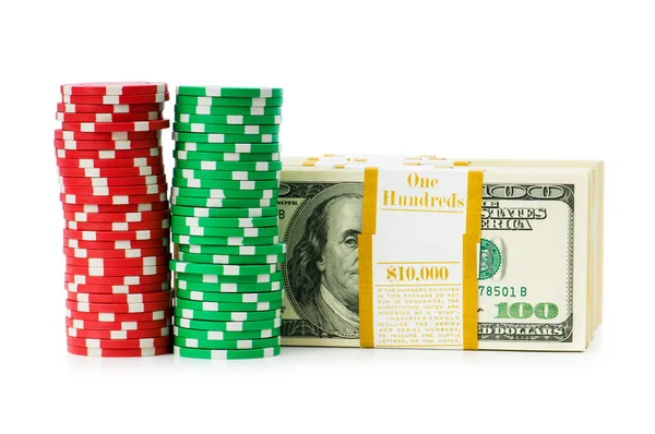 Dollar en casino chip stacks op wit — Stok fotoğraf