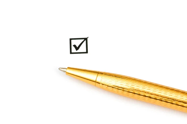 Tick in the box and golden pen — Stock Photo, Image