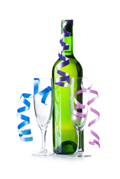 stock image Bottle of wine and glass with streamer