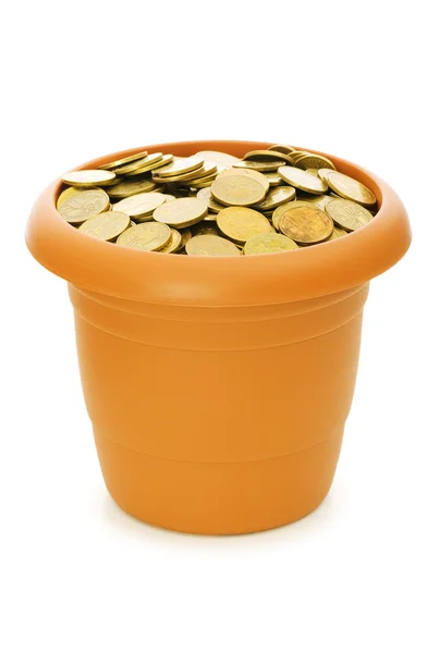 Many coins in the clay pot — Stock Photo, Image