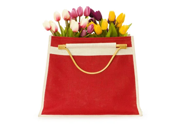 Tulipany w worku czerwony na białym tle — Zdjęcie stockowe