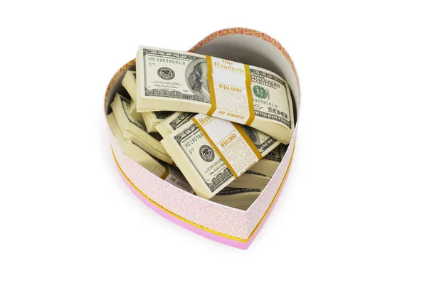 stock image Heart shaped gift box and dollars inside