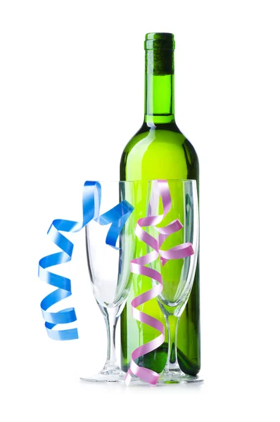 stock image Bottle of wine and glass with streamer