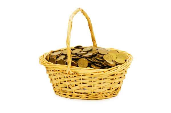 Basket full of coins isolated on white — Stock Photo, Image