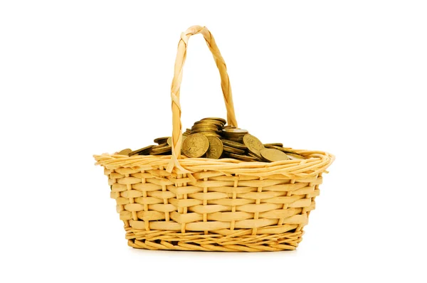 Basket full of coins isolated on white — Stock Photo, Image