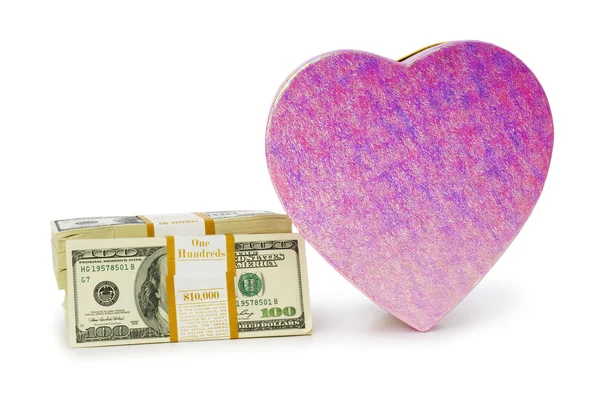 Heart shaped gift box and dollars — Stock Photo, Image
