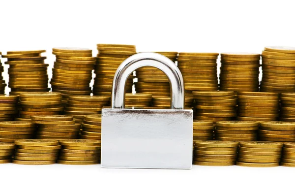 Padlock and coins isolated — Stock Photo, Image