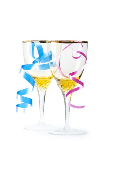 Bottle of wine and glass with streamer — Stock Photo, Image