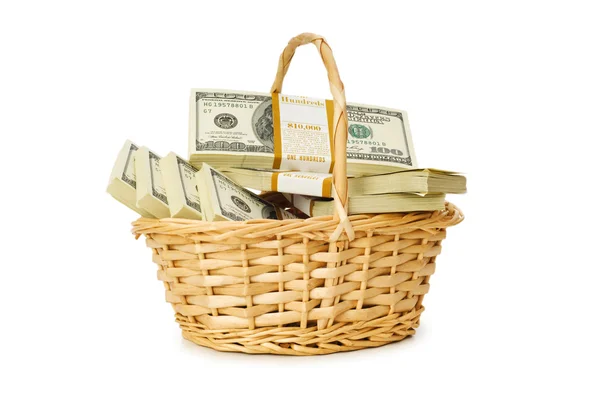 Basket full of dollars isolated on white — Stock Photo, Image