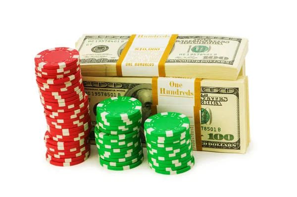 Dollar and casino chip stacks on white — Stock Photo, Image