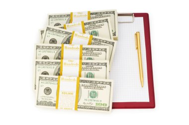 Stack of dollars and blank pad isolated clipart