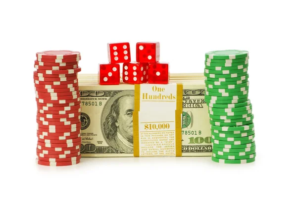 Dollarn och kasino marker på vit — Stockfoto