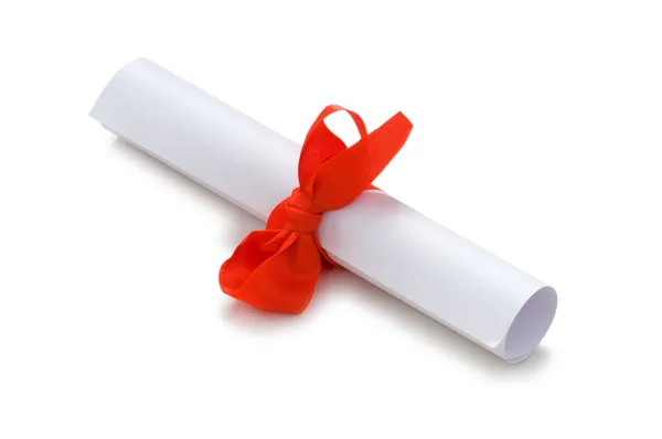 Dyplom z czerwoną wstążką na białym tle — Zdjęcie stockowe