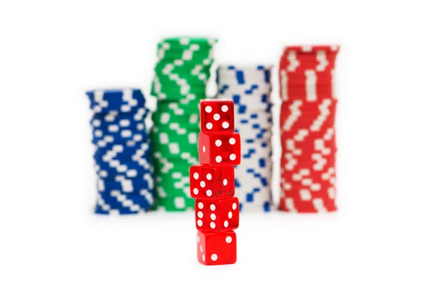 Stack of chips and dice isolated — Stock Photo, Image