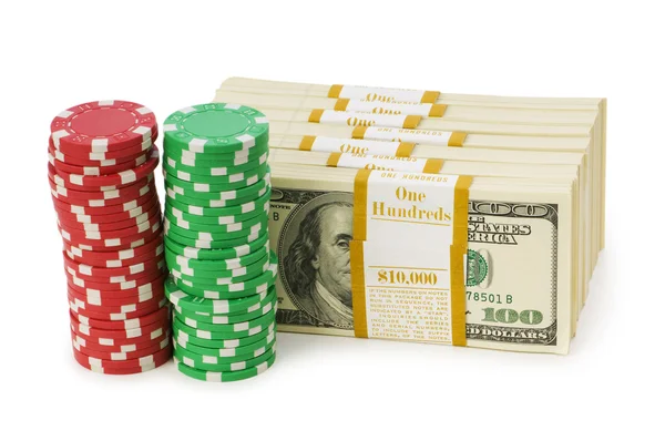 Dollar and casino chip stacks on white — Stock Photo, Image
