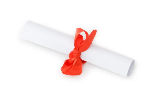 Diploma with red ribbon isolated — Stock Photo, Image