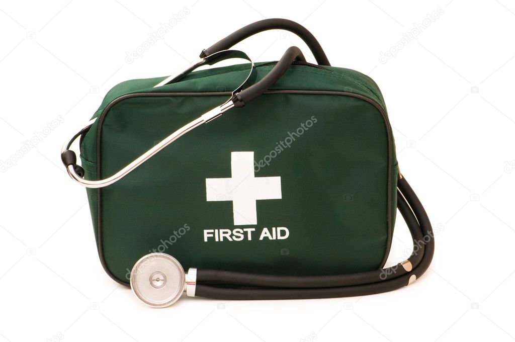 First aid kit and stethoscope isolated