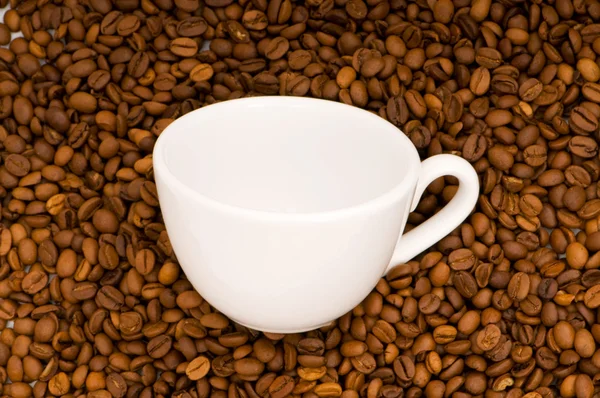 Weiße Tasse auf dem Hintergrund des Kaffees — Stockfoto