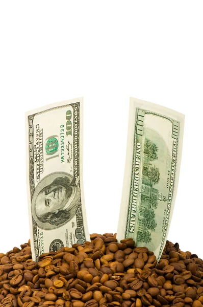 Close up of coffee beans and dollars — Stock Photo, Image