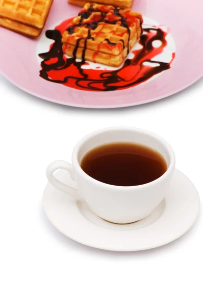 Tea and belgian waffles isolated — Stock Photo, Image