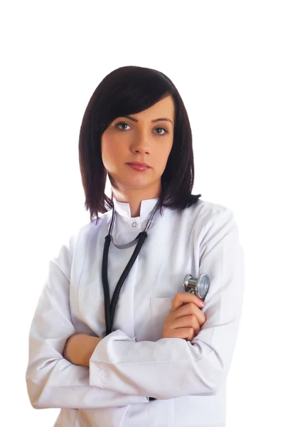 Üzerinde beyaz izole kadın doktor — Stok fotoğraf