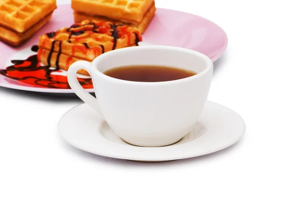 Tea and belgian waffles isolated — Zdjęcie stockowe