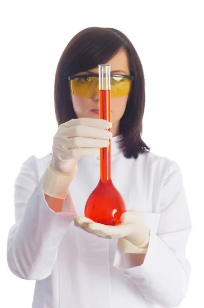 Žena s chemickým trubky — Stock fotografie