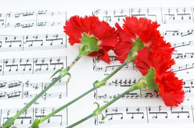 Romatic concept - red flower on music clipart