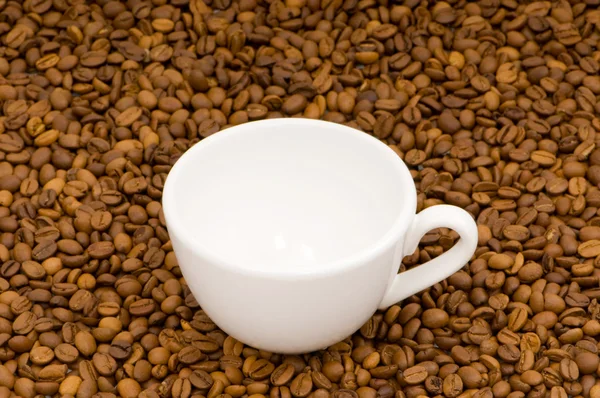 Vit kopp på bakgrunden kaffe — Stockfoto