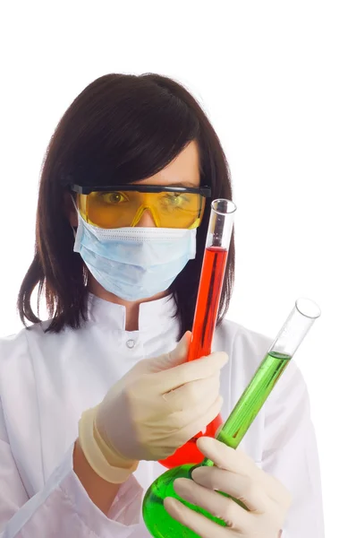 Mujer con tubos químicos — Foto de Stock